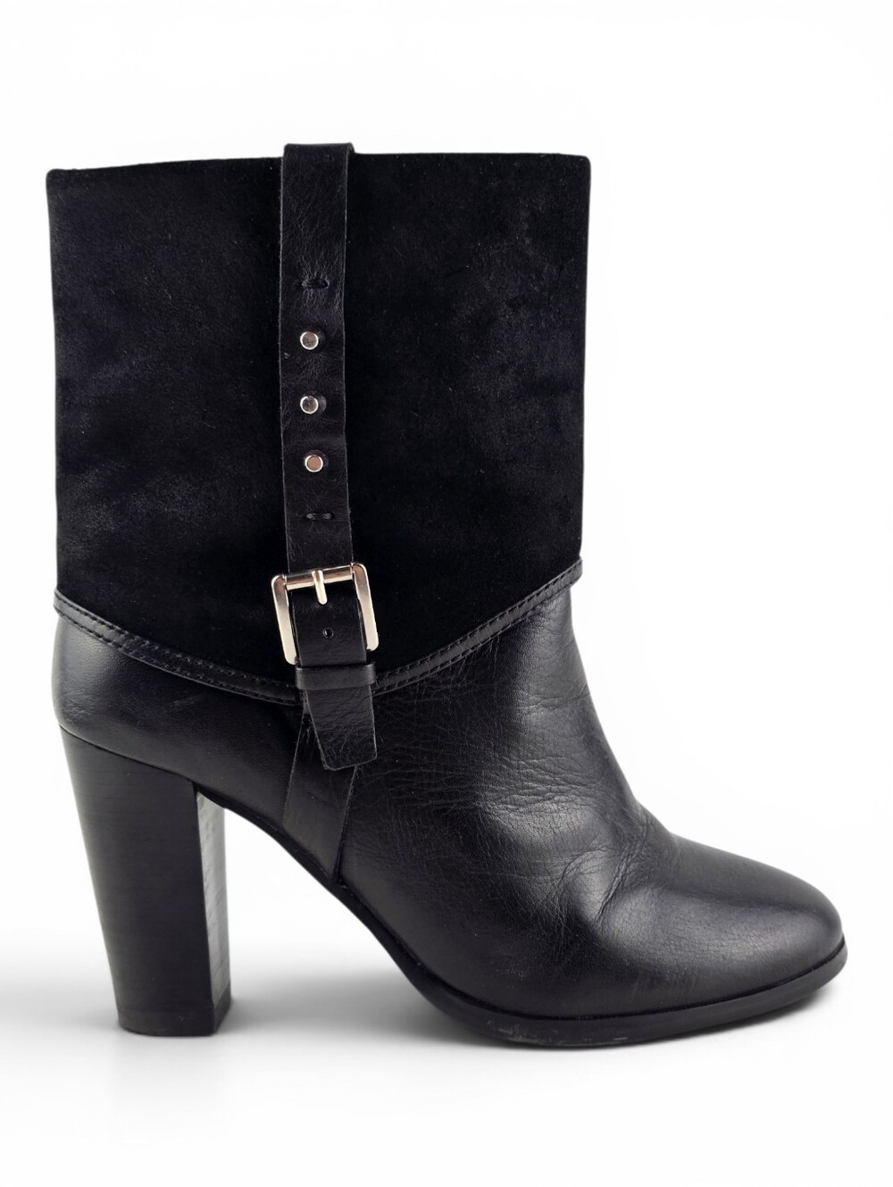 Pegabo Women's Leather Suede Mixed Media Studded Buckle Ankle Boots Black 7.5